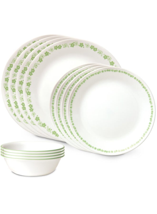 Corelle Spring Blossom Green 12-Piece Dinnerware Set, Vitrelle Glass, Chips & Crack Resistant, Lightweight & Stackable, Dishwasher & Microwave Safe, Service for 4, Includes 4 Dinner Plates, 4 Side Plates & 4 Bowls - Image 1